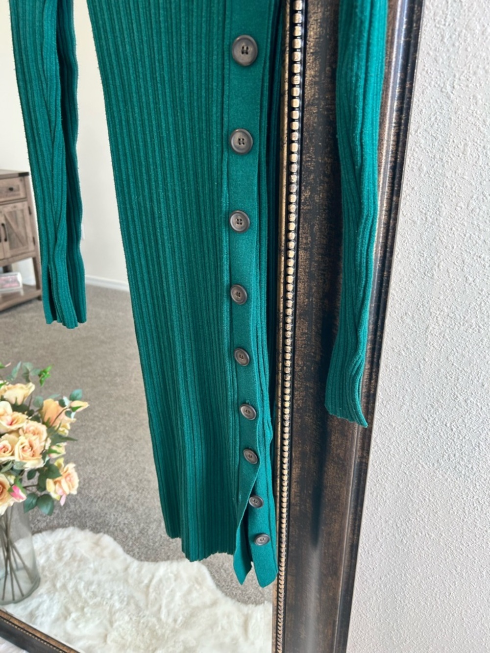 Adam Lippes Ribbed Long Sleeve Button-Trim Midi Dress in Green - Picture 7 of 12